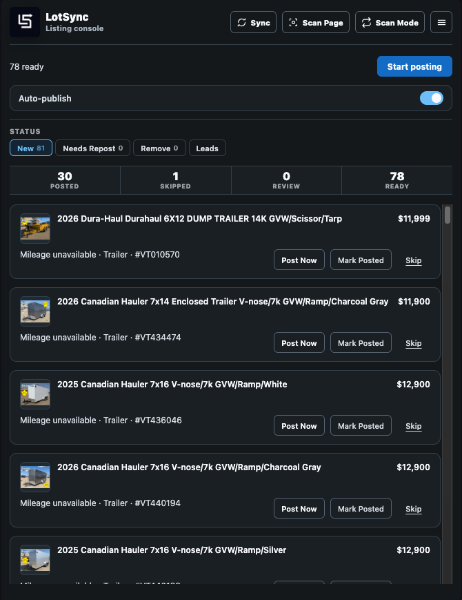 LotSync queue showing vehicles with new, needs repost, under review, posted, and skipped statuses